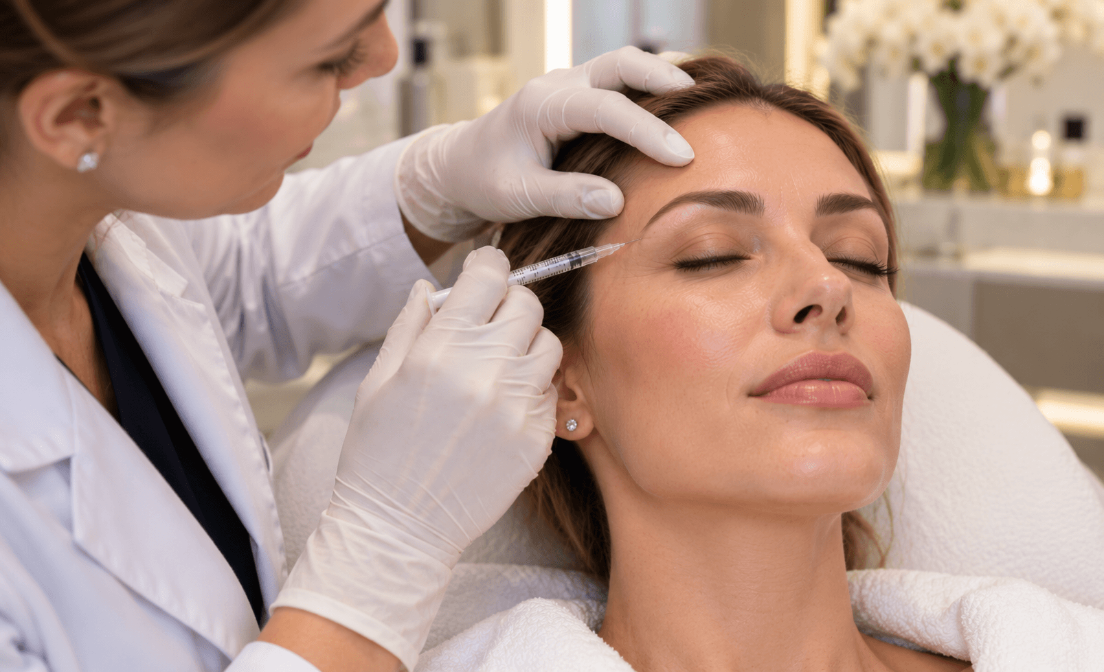 Diagram of the forehead, frown line and crow's feet areas treated with full face Botox